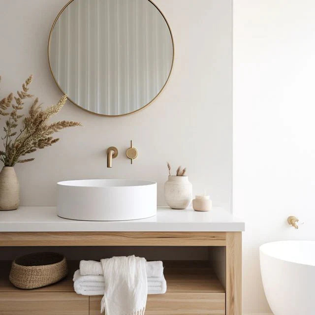 Modern bathroom vanity with round mirror, vessel sink and gold faucet in minimalist neutral home interior design