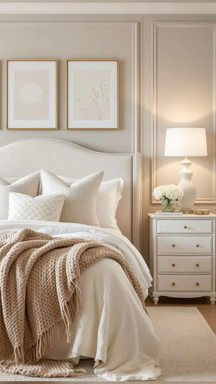 Beige bedroom setup with upholstered bed frame, knitted throw blanket and bedside table lamp for modern home décor