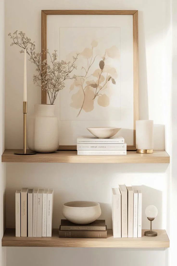 Wooden wall shelves with minimalist decor, ceramic vases, candles and framed botanical art for modern home styling