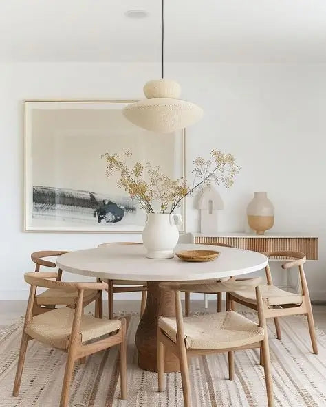 Modern dining room with round wooden table, woven chairs and pendant light in minimalist Scandinavian decor