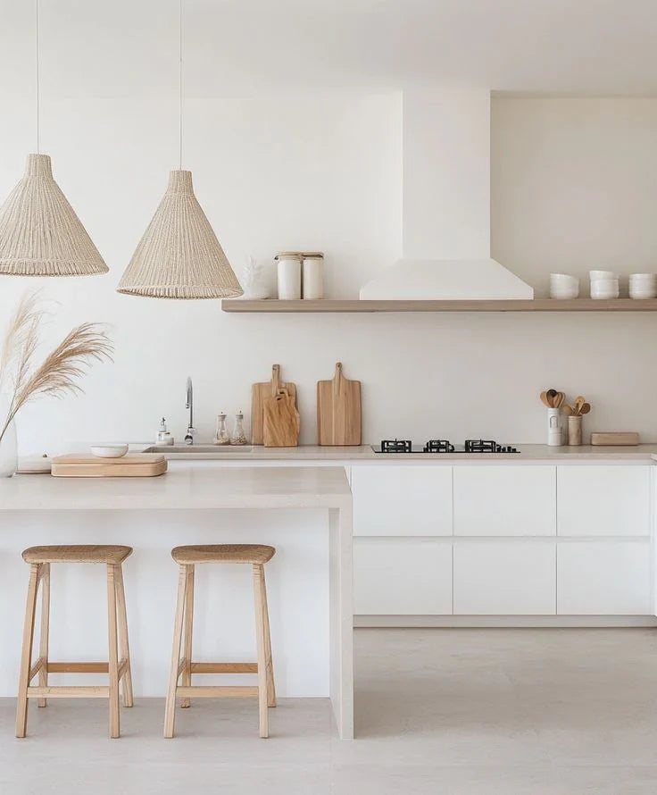 Minimalist white kitchen with wooden stools, rattan pendant lights and neutral decor for modern home styling