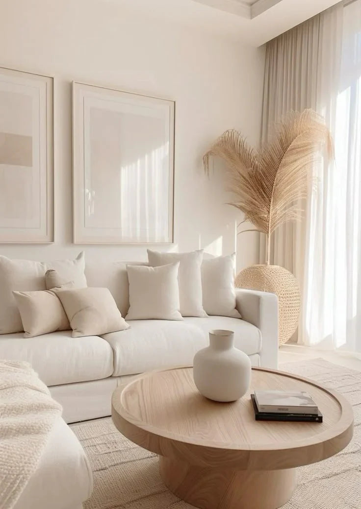Neutral living room with white sofa, round wooden coffee table and dried palm decor for minimalist home design