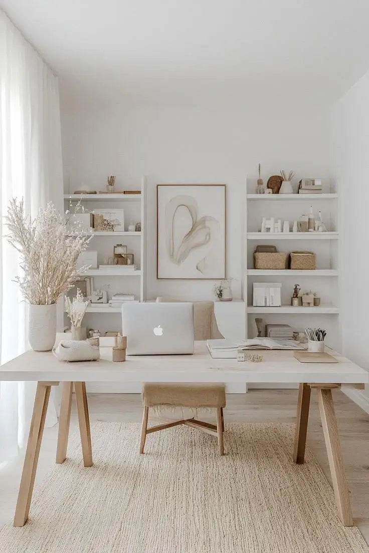 Minimalist home office with wooden desk, MacBook laptop, beige decor and modern wall art