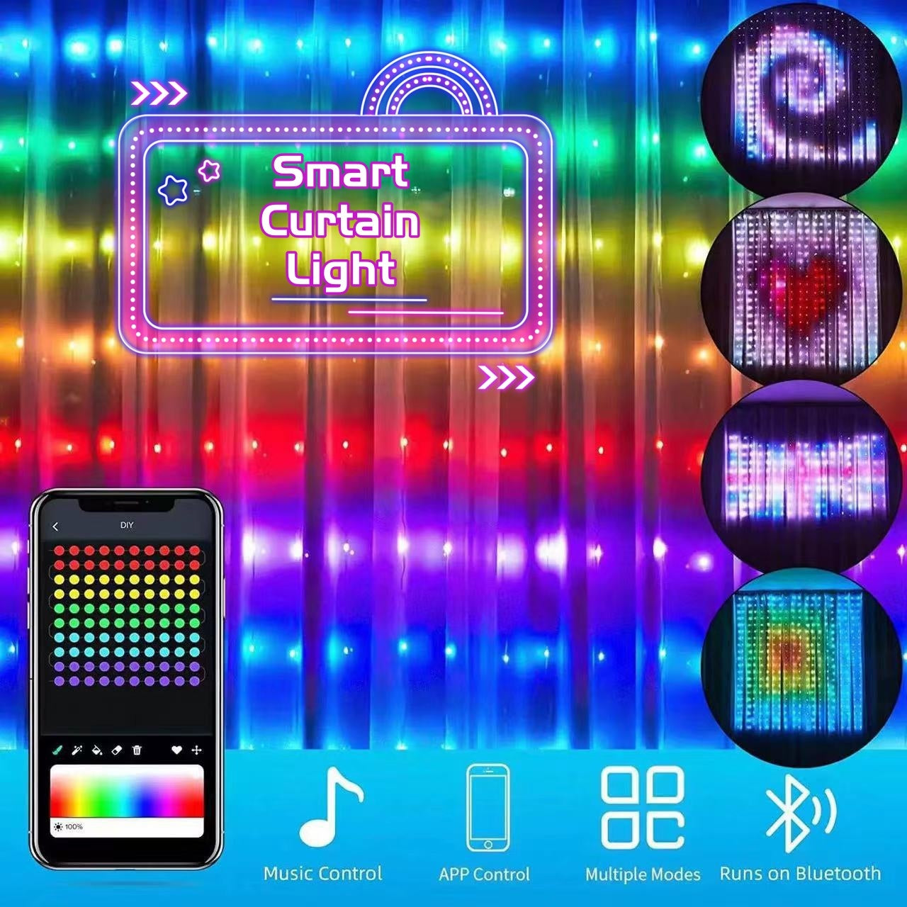 Smart LED RGB Curtain String Lights